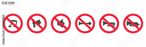 No Horn Traffic Icon Set in flat style, Vector illustration of red crossed out circular no traffic sign with trumpet icon inside. No horn symbol. No loud sound symbol icon in transparent background.