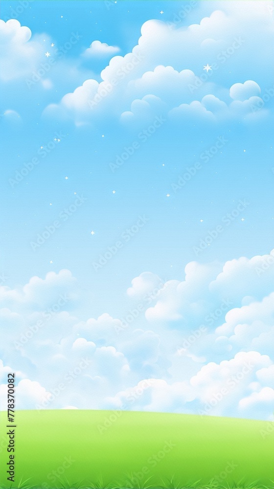 Blue sky and white clouds with green field, digital art, cartoon, bright, simple, flat, vector, illustration