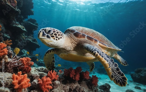 Underwater organism, sea turtle, swimming near coral reef in the ocean
