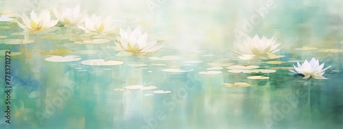 Delicate water lilies in a serene, pastel-toned pond.
