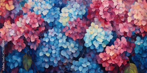 vibrant blue, white and pink hued hydrangeas painted in a realistic style with soft brushstrokes on a dark background photo