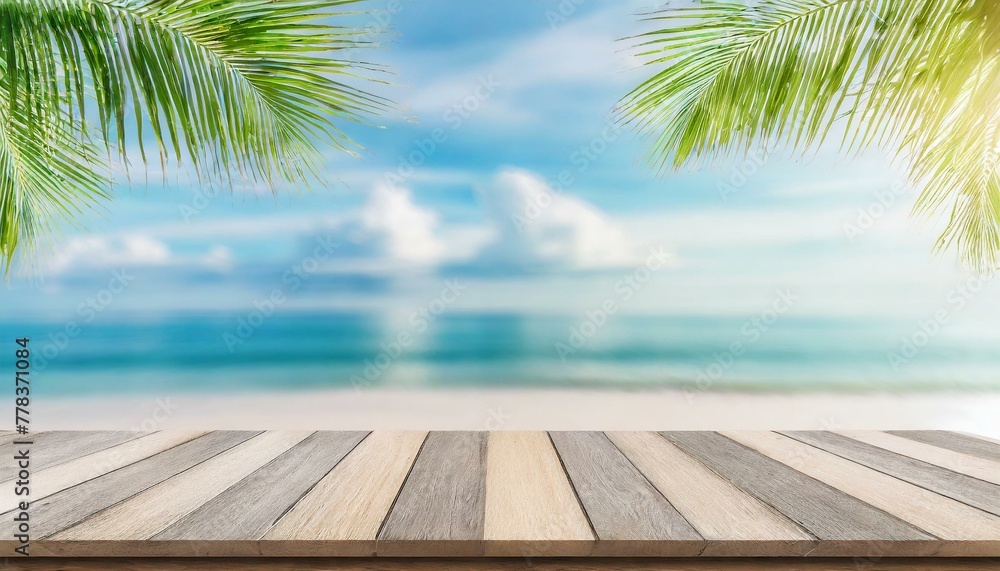 Vacation Vibes: Wooden Table with Blur Bokeh Light of Tropical Beach