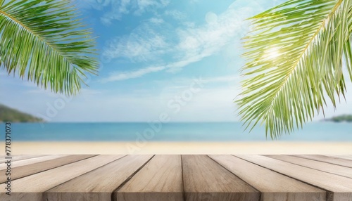 Paradise Found: Wooden Table Overlooking Tropical Beach Scene