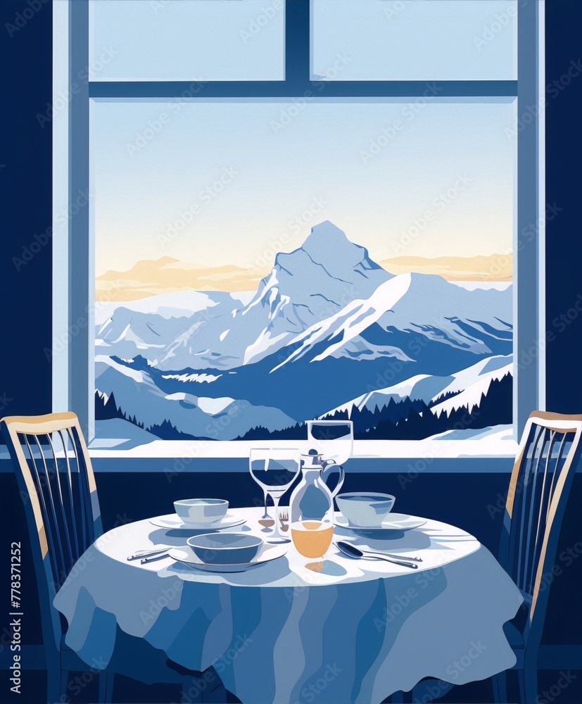 Elegant dinning room with a view on snowy mountains, blue and white colors, vector illustration, interior design, art deco.
