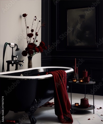 Black bathtub and red roses in dark bathroom, interior design, dark academia © kalamjamila