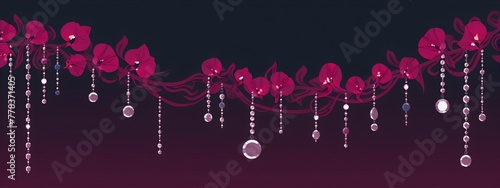 Pink orchid flowers and silver gem chains on a dark purple background in an art nouveau style. photo