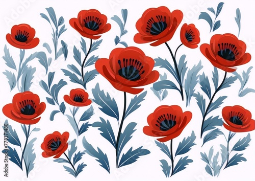 Red poppies and foliage elements, blue leaves, botanical, flat, vector, interior, art nouveau
