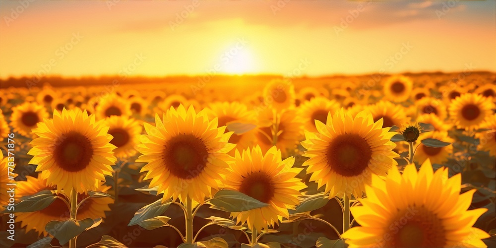 Obraz premium Sunflowers in a field at sunset, bright yellow and orange colors, photography, realism, warm colors, rural, impressionism.