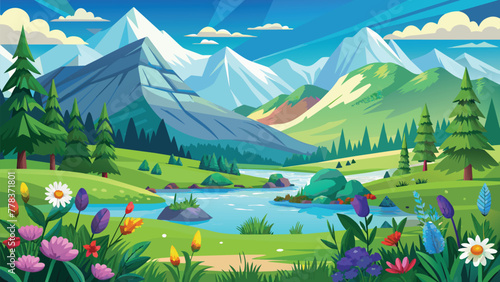  Mountain lake landscape vector illustration. Cartoon flat panorama of spring summer beautiful nature, green grasslands meadow with flowers, forest, for kids background, generative ai