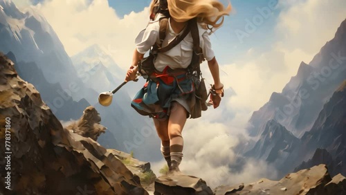 An inspiring painting capturing the determination of a girl as she runs up a majestic mountain, An eagle soaring high over a mountainous landscape, AI Generated photo