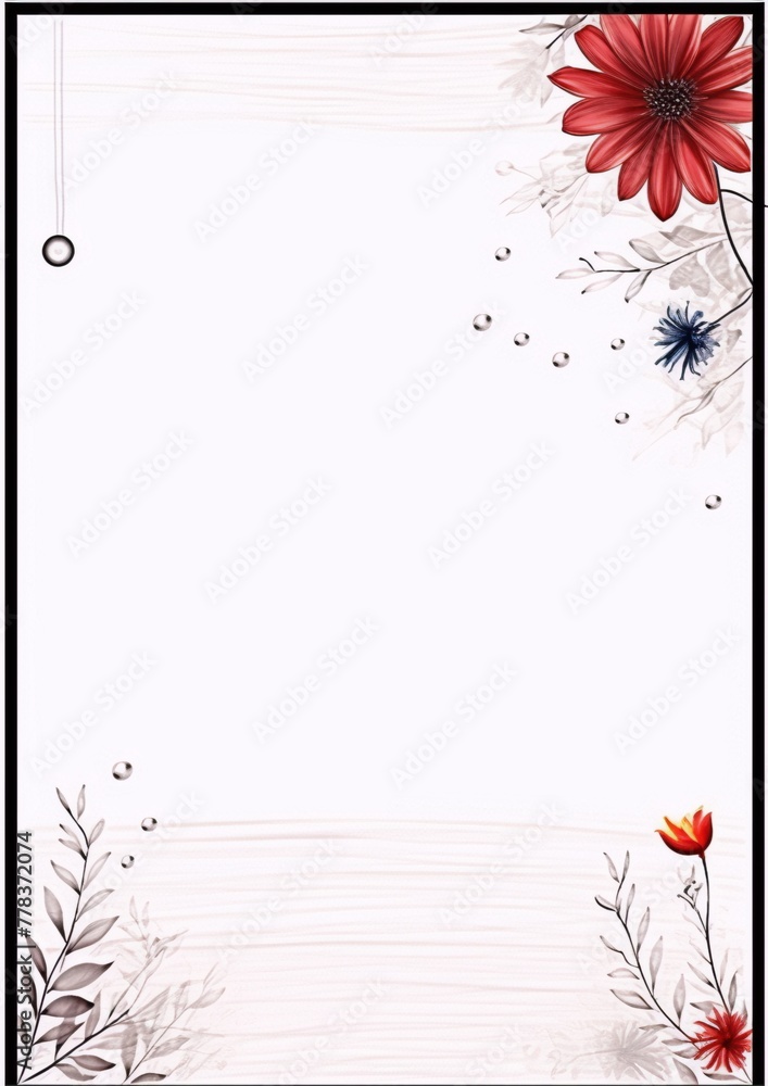 Obraz premium Delicate red and blue flowers with grey leaves on a white wooden background, perfect for a wedding invitation or greeting card, watercolor, interior, art nouveau.