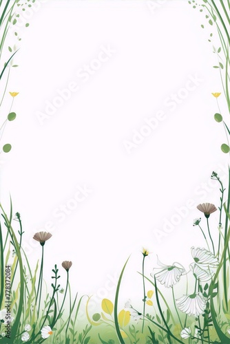 Delicate detailed botanical illustration of various wildflowers and grasses in a painterly style with a white background photo