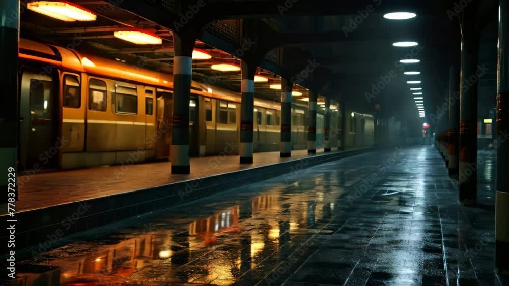 A train arrives at a train station surrounded by darkness, highlighting the vibrant lights and busy atmosphere, An empty subway station during midnight, AI Generated A train arrives at a train station surrounded by darkness, highlighting the vibrant lights and busy atmosphere, An empty subway station during midnight, AI Generated