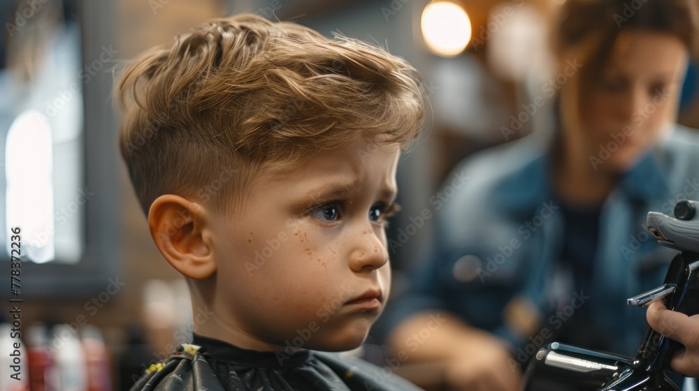 Side view of little boy getting a haircut at a barbershop