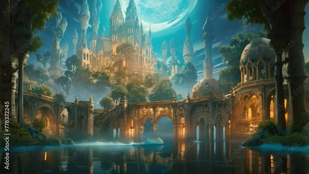 A captivating painting depicting an awe-inspiring castle situated amidst the tranquility of a beautiful lake, An enchanting underwater cityscape with fantastical architecture, AI Generated A captivating painting depicting an awe-inspiring castle situated amidst the tranquility of a beautiful lake, An enchanting underwater cityscape with fantastical architecture, AI Generated