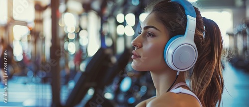 An exerciser with headphones relaxes in the gym