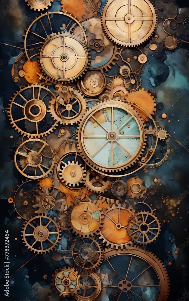 rusty and dirty steampunk gears with blue and orange watercolor background