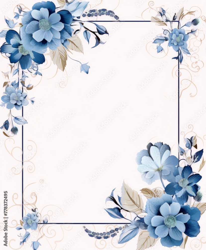 Blue and cream colored flowers frame with a white background in a classic art style.