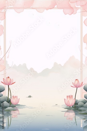Pink and blue lotus flowers with green leaves floating on a pond with distant mountains in the background in a traditional Chinese ink painting style. © kalamjamila