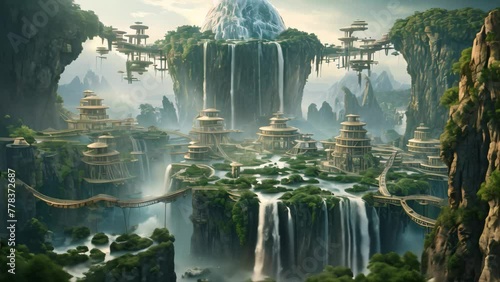 This image showcases a stunning future landscape featuring a mesmerizing waterfall amid floating houses, An ethereal setting with floating islands and a cascading waterfall, AI Generated