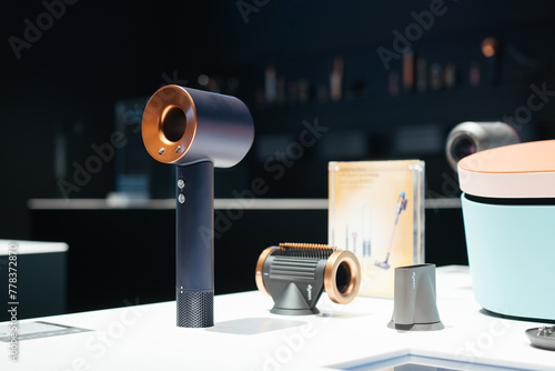 PENANG, MALAYSIA - MAR 28, 2024: Dyson supersonic hair dryer display at Dyson concept store