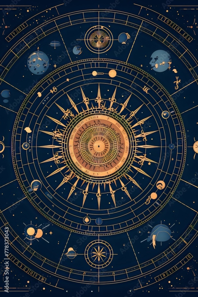An intricate golden astrological chart with planets and symbols on a dark blue background in the style of a medieval manuscript.