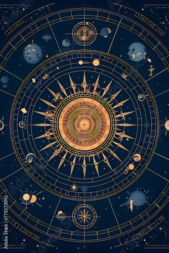 An intricate golden astrological chart with planets and symbols on a dark blue background in the style of a medieval manuscript. © kalamjamila