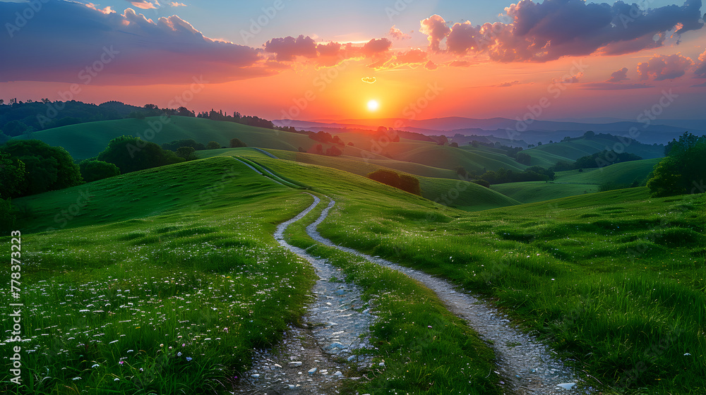 Picturesque Winding Path Through a Green Grass Field Picturesque Winding Path Through a Green Grass Field