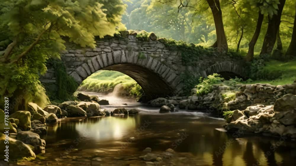 A picturesque painting capturing the tranquility of a stone bridge gracefully spanning over a gentle stream, An old stone bridge over a quiet stream, AI Generated A picturesque painting capturing the tranquility of a stone bridge gracefully spanning over a gentle stream, An old stone bridge over a quiet stream, AI Generated