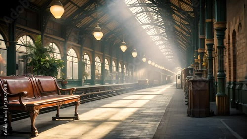 A lone bench sitting in a train station, positioned beside a train, An old Victorian-era railway station, AI Generated photo