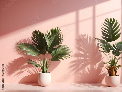 Peach Perfect: Palm Leaf Shadows on a Trendy Pink Wall. generative AI © EVISUAL