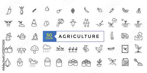 Agriculture line icon set. Innovative technologies for managing farm or agriculture. pring growth stage, seeds, seedling, drought, soil testing, agriculture vector illustration.