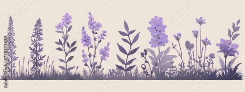 Delicate purple flowers and plants on a beige background, botanical illustration, art nouveau.