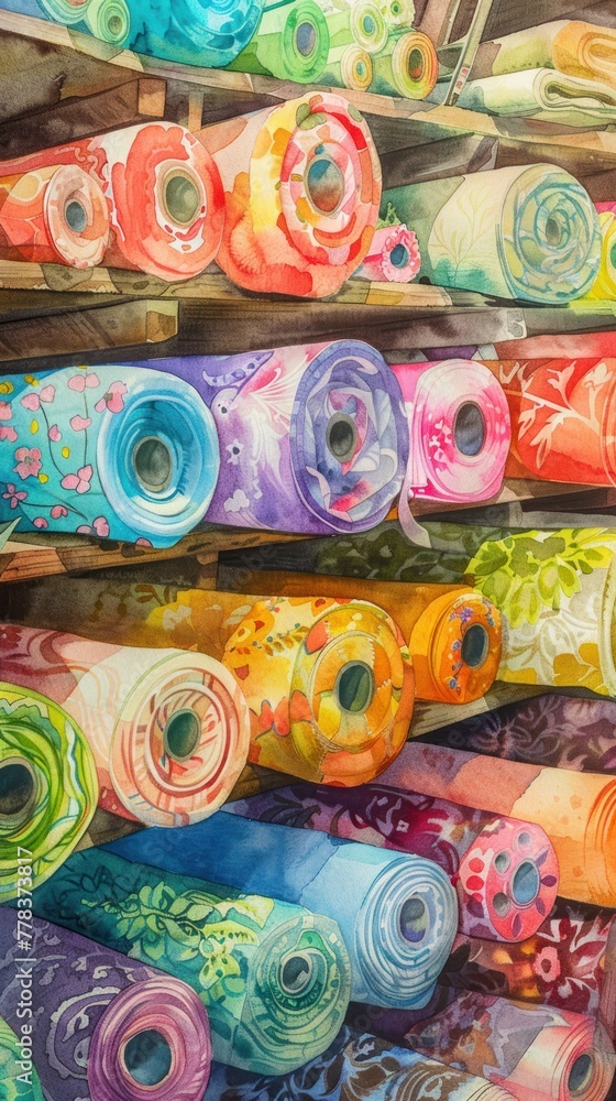 Watercolor scene of a vibrant fabric store rolls of textiles in every hue draped over shelves