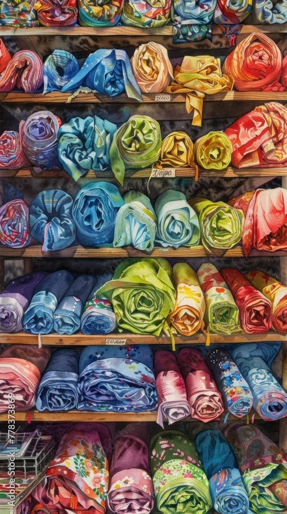 Watercolor scene of a vibrant fabric store rolls of textiles in every hue draped over shelves