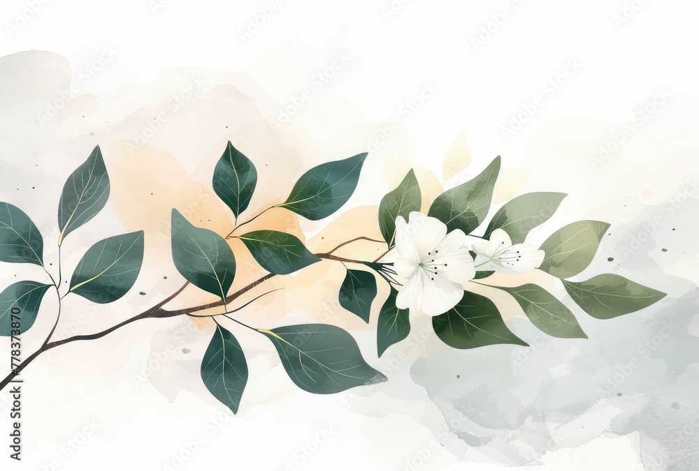 Illustrated floral branches with delicate white blooms, overlaying an abstract watercolor background that blends earthy tones with a touch of greenery. - obrazy, fototapety, plakaty 