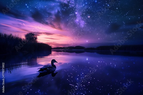Lone duck on a calm river, galaxy shimmering above, twilight ambience, wide-angle view.soft shadowns