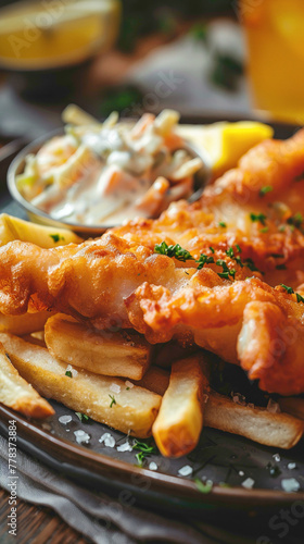 Beer-battered fish fillets served with crispy fries, tartar sauce, and a side of coleslaw for a taste of the British seaside, delicious food style, blur background, natural look