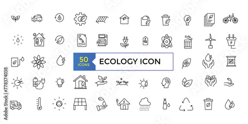 Set of thin line icons related to Ecology, environmental, ecological, recyling, green, organic, industry. Linear ecology simple symbol collection.