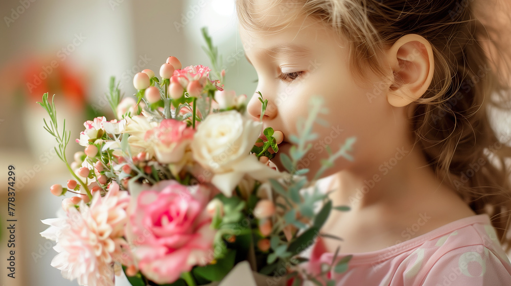 Little cute girl sniffing beautiful Mothers day. Gorgeous child sniffing flowers in hands in the park on nature background. March 8, mother's day. Ai generated