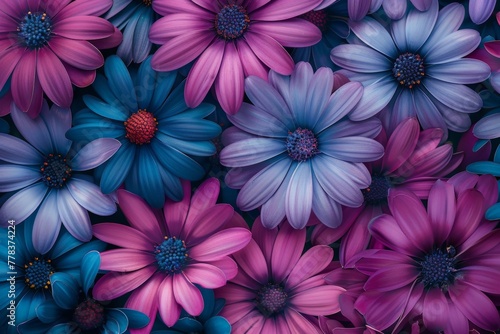 Cluster of Purple and Blue Flowers With Red Centers