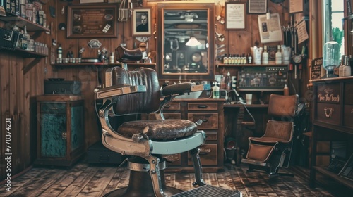 A stylish vintage-looking barber chair is situated in a wooden-themed interior, creating a classic barbershop atmosphere. photo
