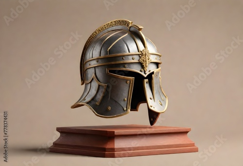 Roman centurion helmet with a transverse crest on a wooden stand photo