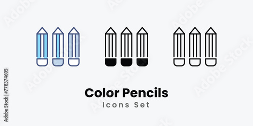 Color Pencils Icons set thin line and glyph vector icon illustration