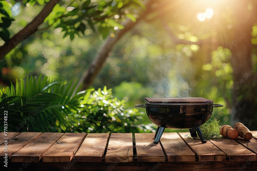 Table with a grill in the summertime background, copy space, and BBQ. Generative Ai Table with a grill in the summertime background, copy space, and BBQ. Generative Ai