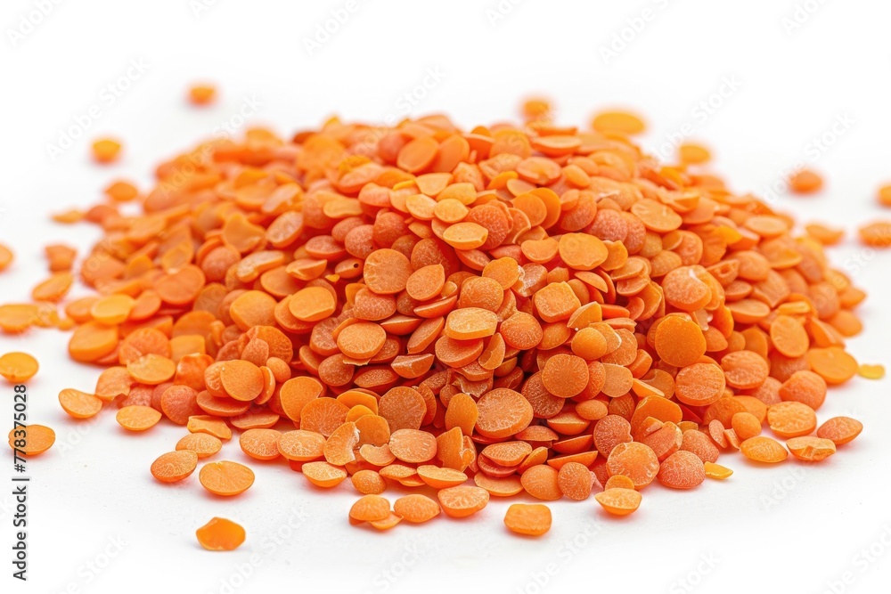 Tiny reddish-orange lentils separated on a white backdrop. Generative Ai Tiny reddish-orange lentils separated on a white backdrop. Generative Ai
