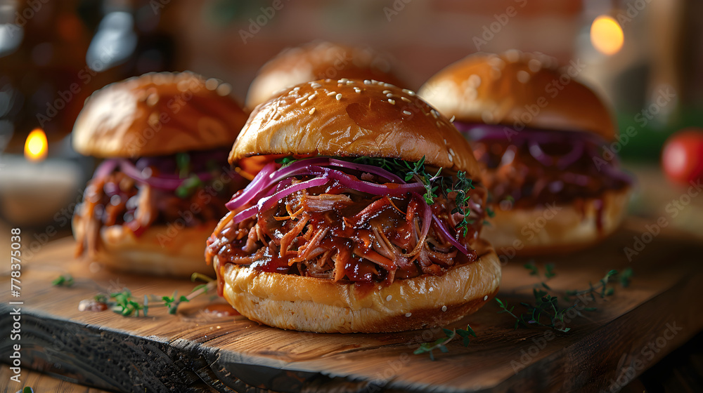 Pulled Pork Sliders on Decorated Table - obrazy, fototapety, plakaty 