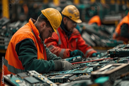 Workers sorting and disassembling obsolete devices at an e-waste recycling facility. Generative Ai © MinixT