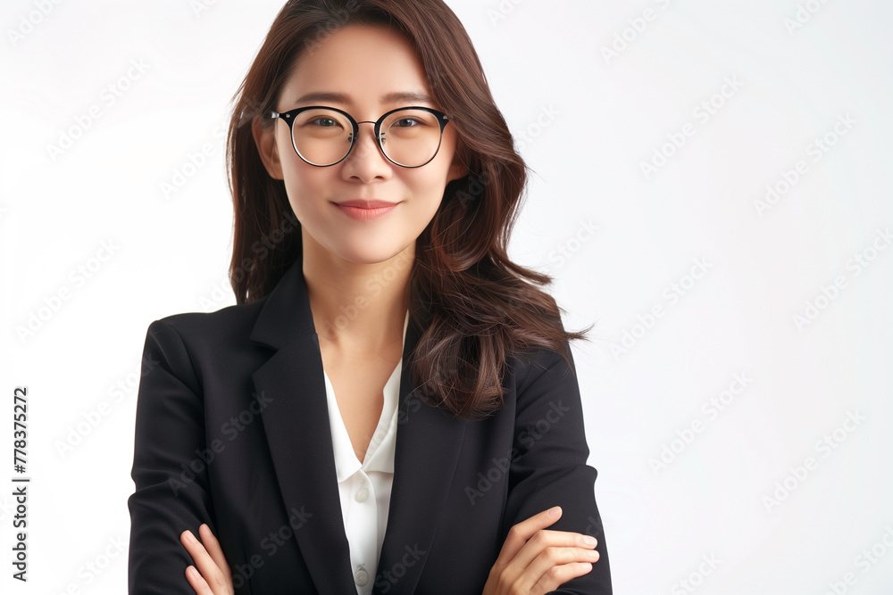 Portrait of smiling smart Asian businesswoman over white background. Studio shot, copy space Portrait of smiling smart Asian businesswoman over white background. Studio shot, copy space