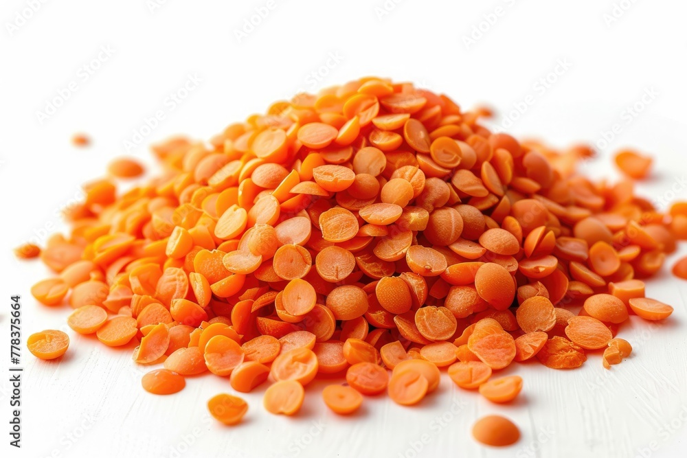 Tiny reddish-orange lentils separated on a white backdrop. Generative Ai Tiny reddish-orange lentils separated on a white backdrop. Generative Ai